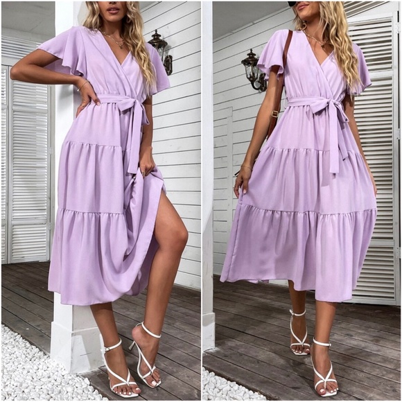 Boho Lilac Purple Butterfly Sleeve Belted Ruffle Maxi Dress - Picture 4 of 4